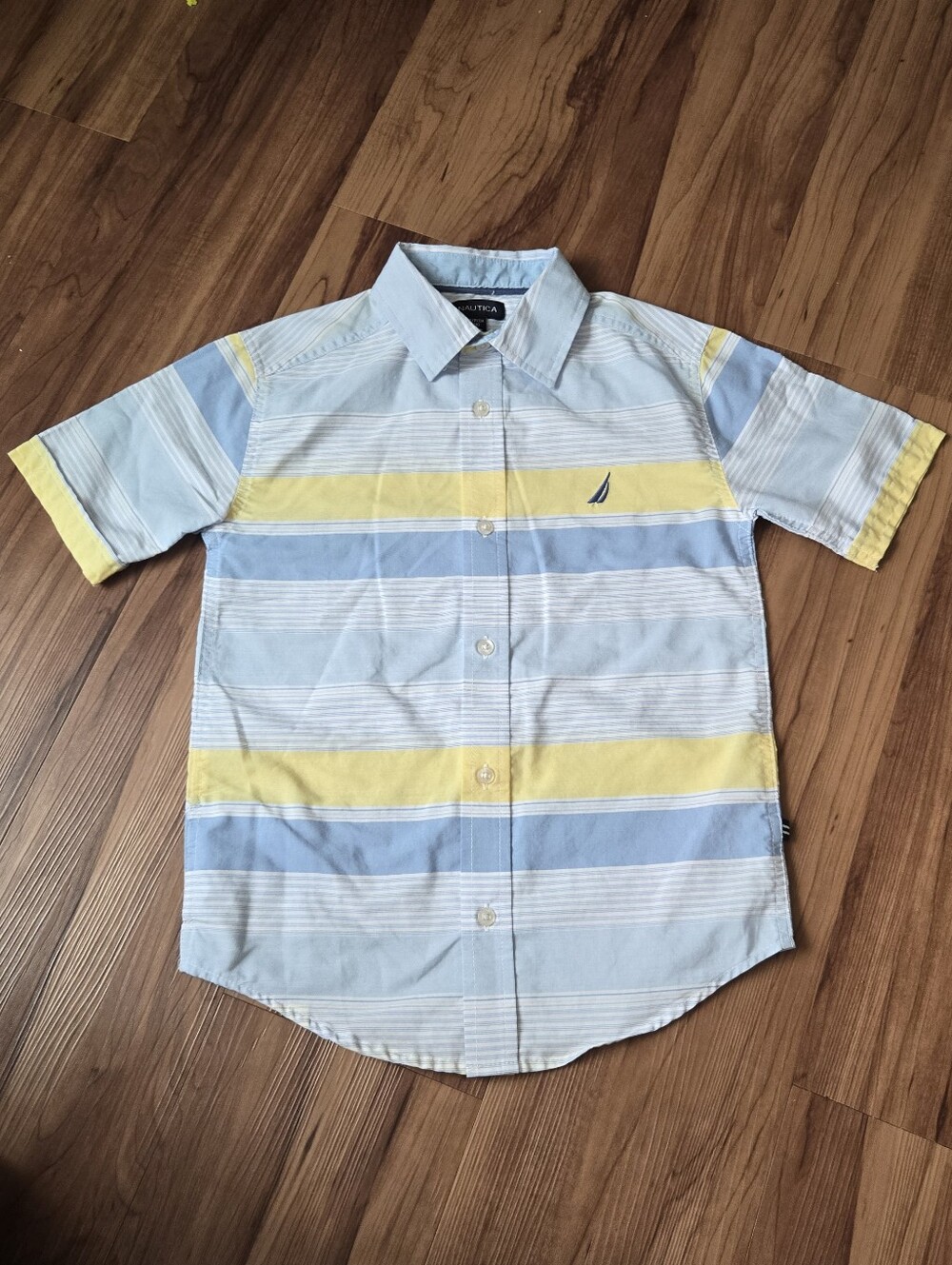 Nautica Short-Sleeve Striped Button-Down Blue & Yellow Dress Shirt EUC Sz 8